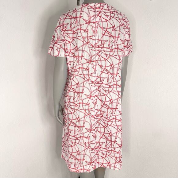 Vintage 60s Orange White Abstract Atomic Short Sleeve Shift Day Dress Large Mod - Picture 3 of 7